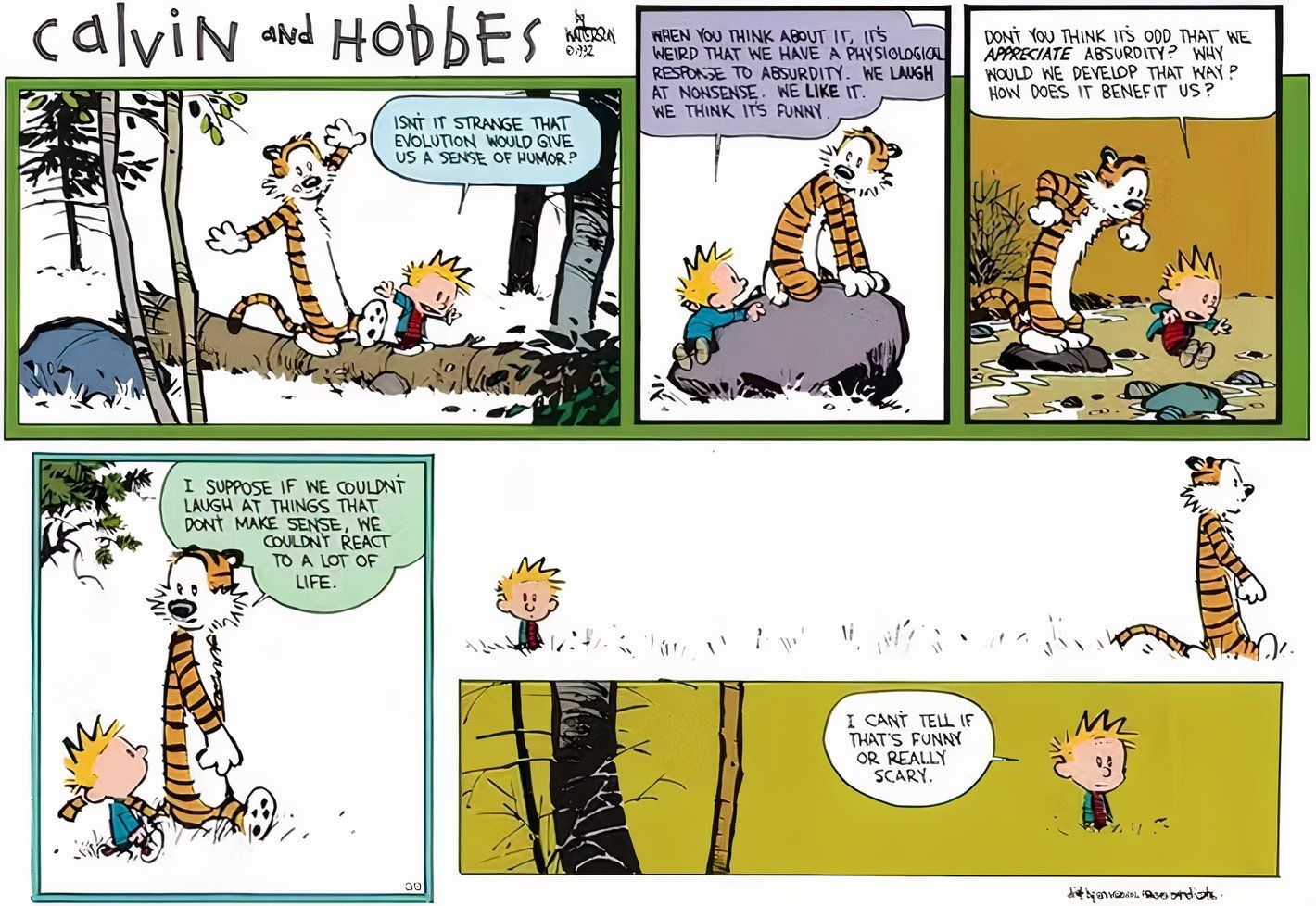 Calvin & Hobbes, os protagonistas discutem a natureza do humor e seu propósito na vida.