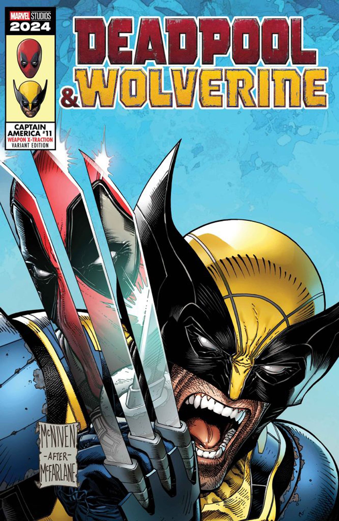 Capa variante para Deadpool e Wolverine. Wolverine rosna com suas garras expostas, e Deadpool é refletido nas garras.