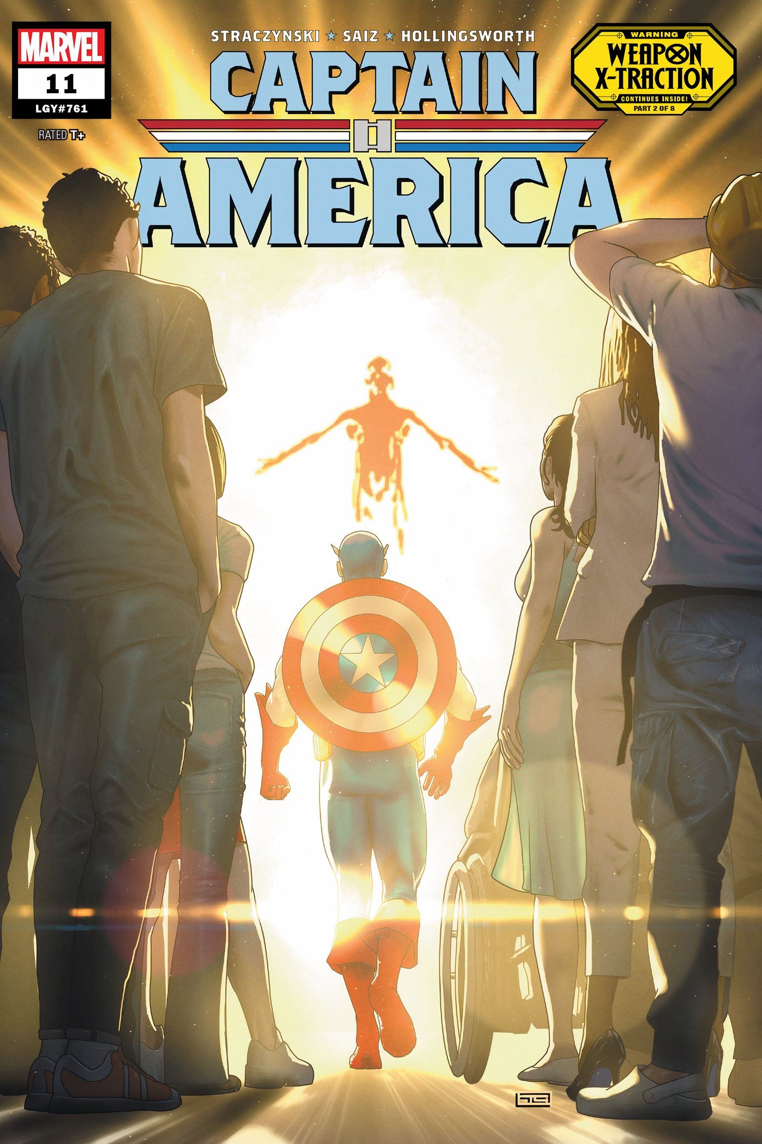 O Capitão América é visto de costas com seu escudo, caminhando em direção a uma figura brilhante, em meio à multidão. 