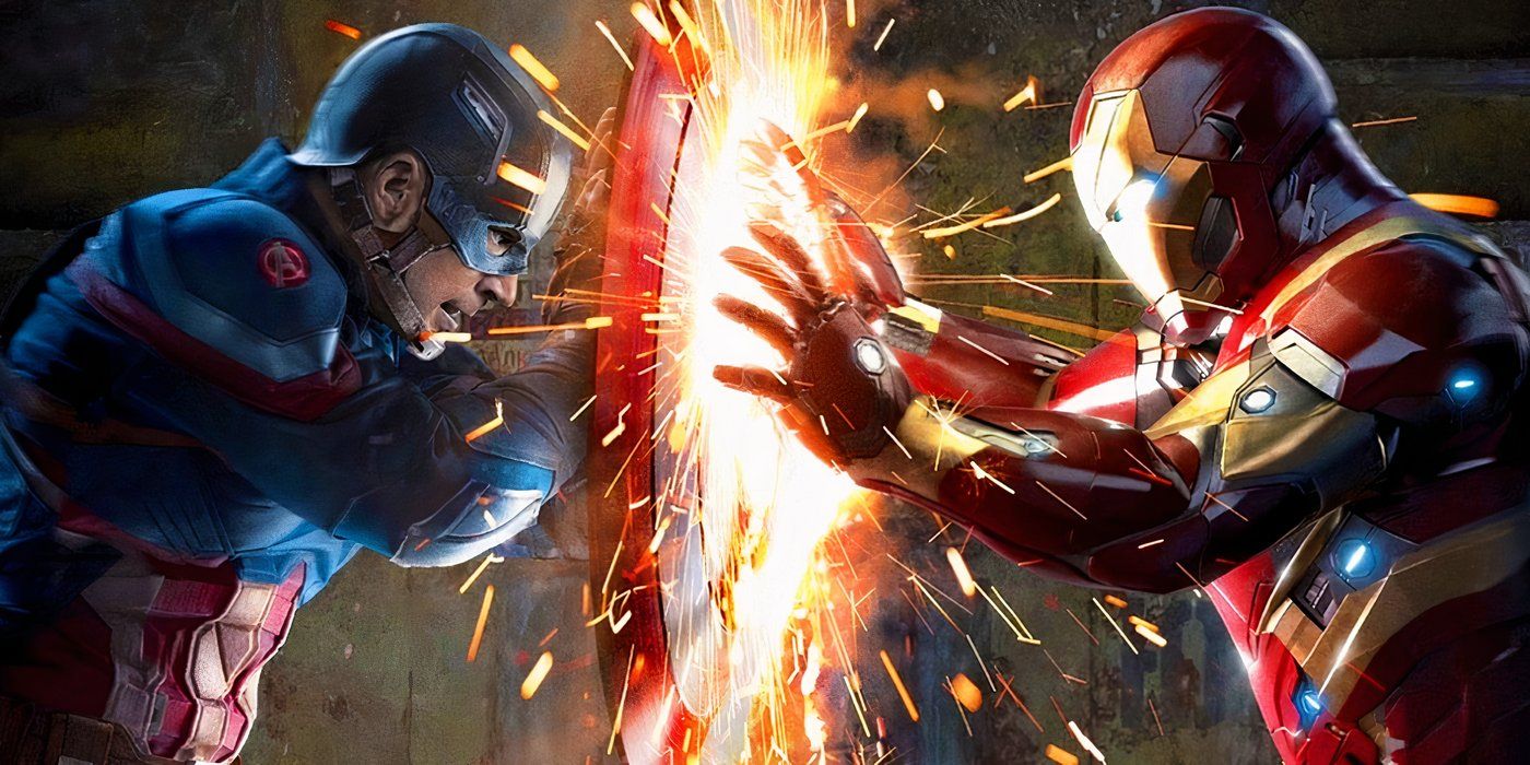 Captain America and Iron Man fighting in art from Captain America Civil War