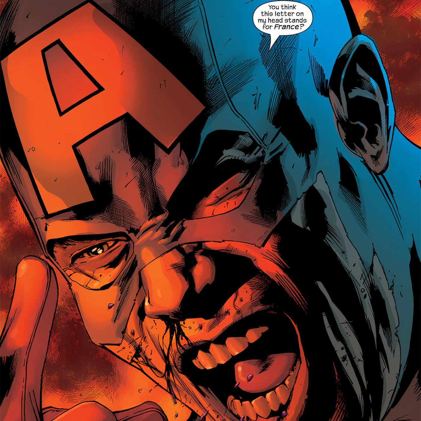 Captain America saying that the 'A' on his helmet doesn't stand for France.