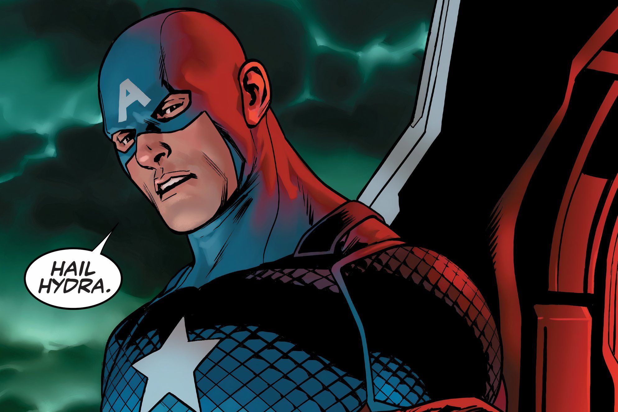 Captain America reveals himself to be a Hydra agent as he confidently proclaims "Hail Hydra."