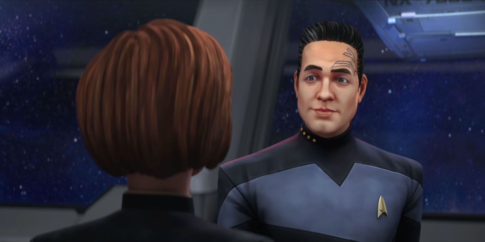 Captain Chakotay (Robert Beltran) meets with Admiral Janeway (Kate Mulgrew) before Protostar launch Star Trek Prodigy