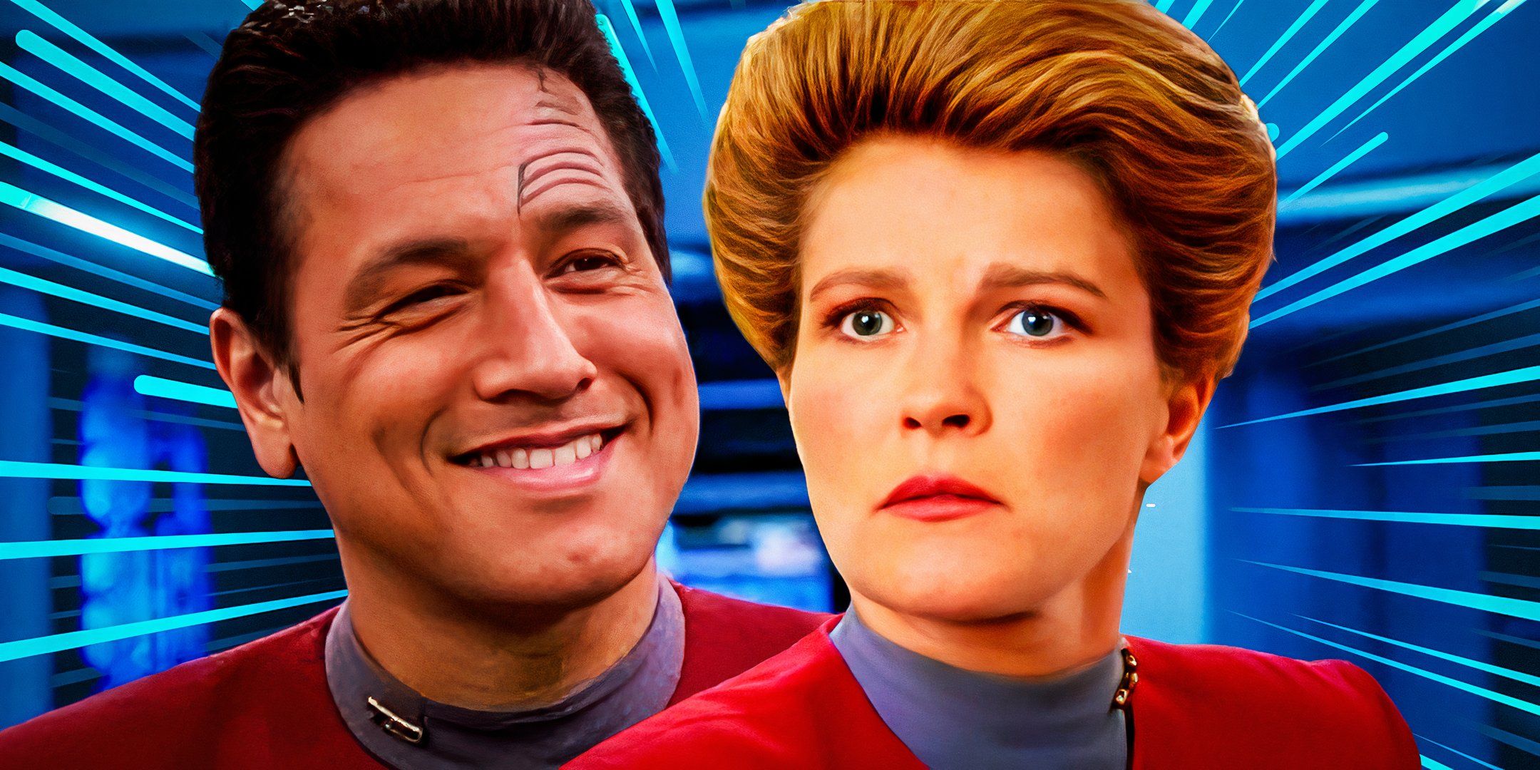 A collage of Commander Chakotay and Captain Janeway from Star Trek: Voyager on a blue background, which Chakotay smiling and Janeway looking concerned.
