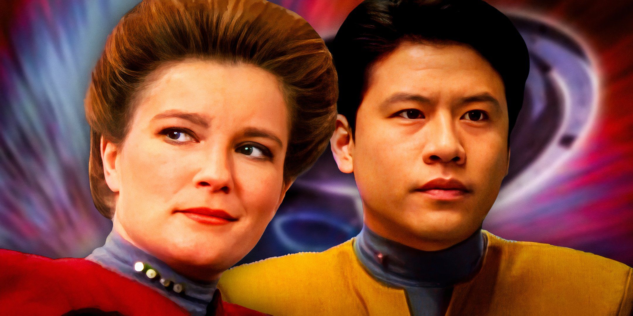 A collage of Captain Janeway and Harry Kim from Star Trek: Voyager with the USS Voyager in the background.