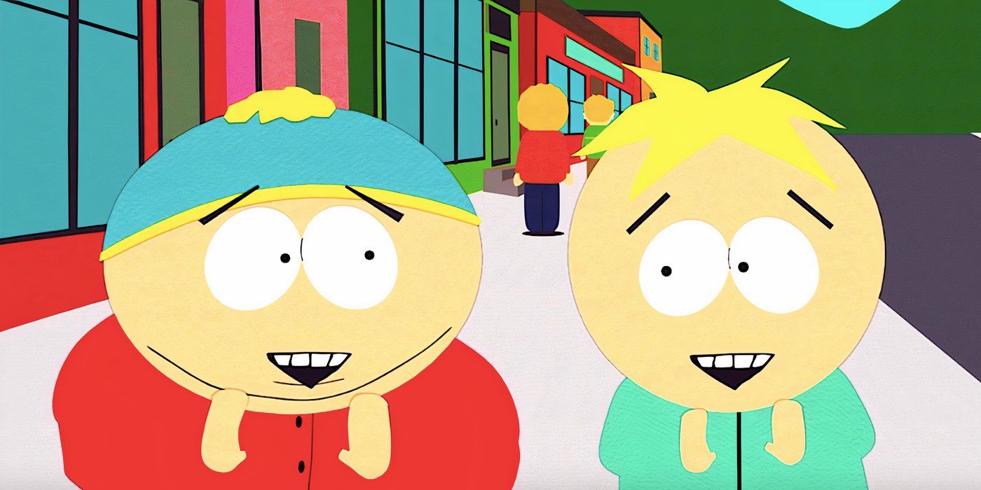 Cartman dan Butters tampak gembira dan gembira di jalan di South Park