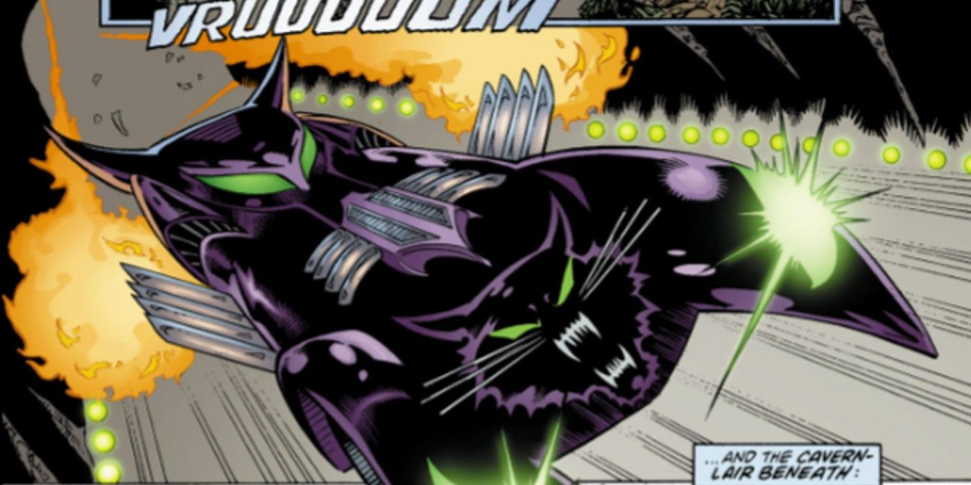 O Catmobile da Mulher-Gato avança pela estrada em Mulher-Gato: Guardiões de Gotham.