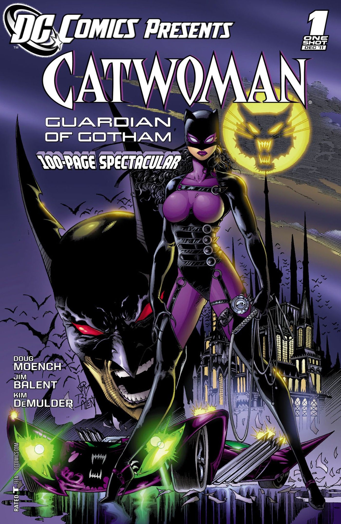 Mulher-Gato está na capa de Mulher-Gato: Guardiã de Gotham, com um close de um Batman ameaçador de olhos vermelhos atrás dela.