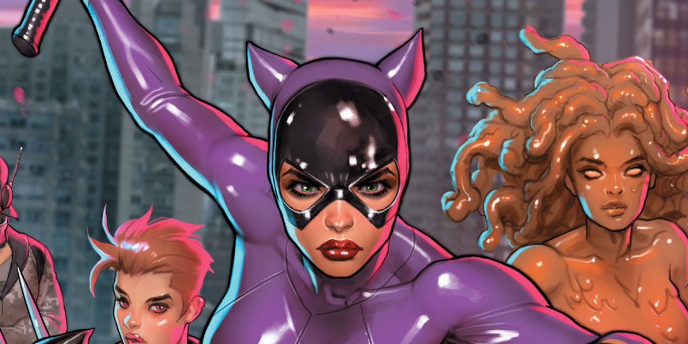 Catwoman looks forward with determination, Scandal Savage and Lady Clayface on either side of her.