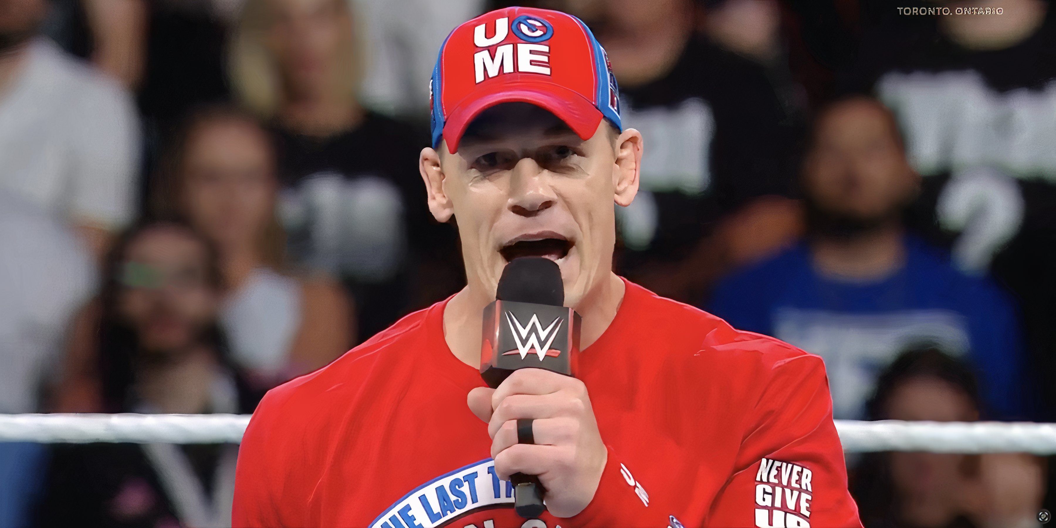 John Cena speaking into the microphone as he announces his retirement at Money In The Bank 2024