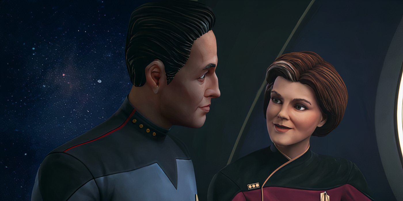 Chakotay and Janeway sit in the mess hall on the USS Voyager-A staring at each other happily in Star Trek: Prodigy season 2.