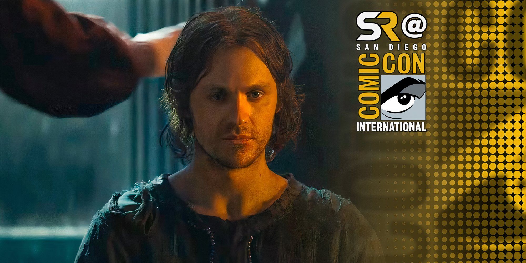 Charlie Vickers as Sauron looking stoic in The Lord of the Rings The Rings of Power season 2 with SDCC overlay