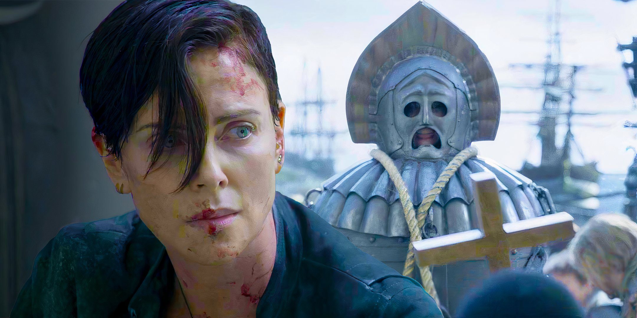 Charlize Theron looking worried at ancient torture device in The Old Guard