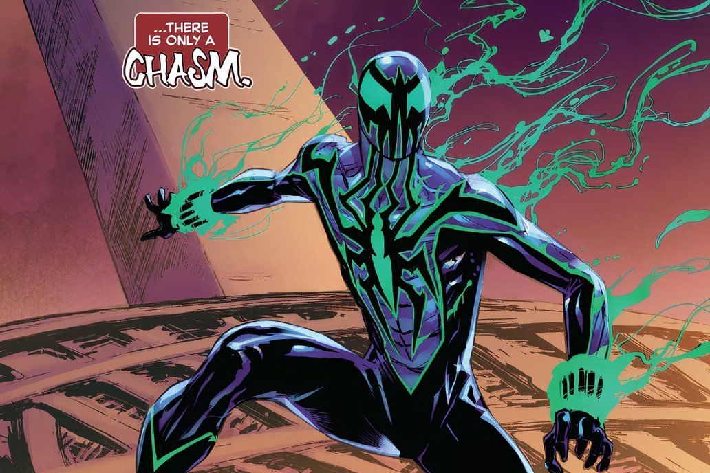 Ben Reilly, now calling himself Chasm, dons his new ethereal looking suit while proclaiming his new identity.