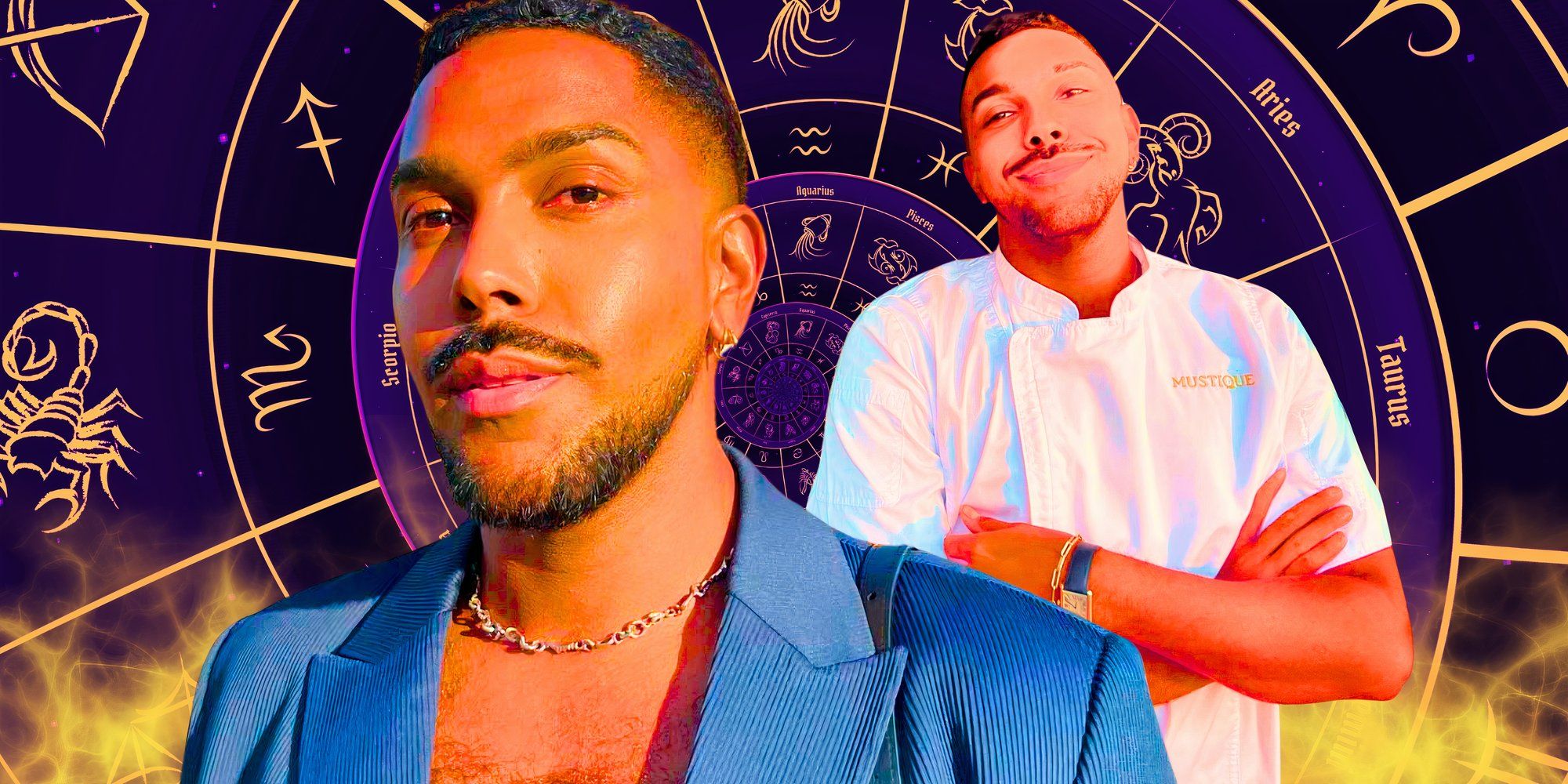 montage of Chef Johnathan Shillingford smiling and posing with zodiac wheel