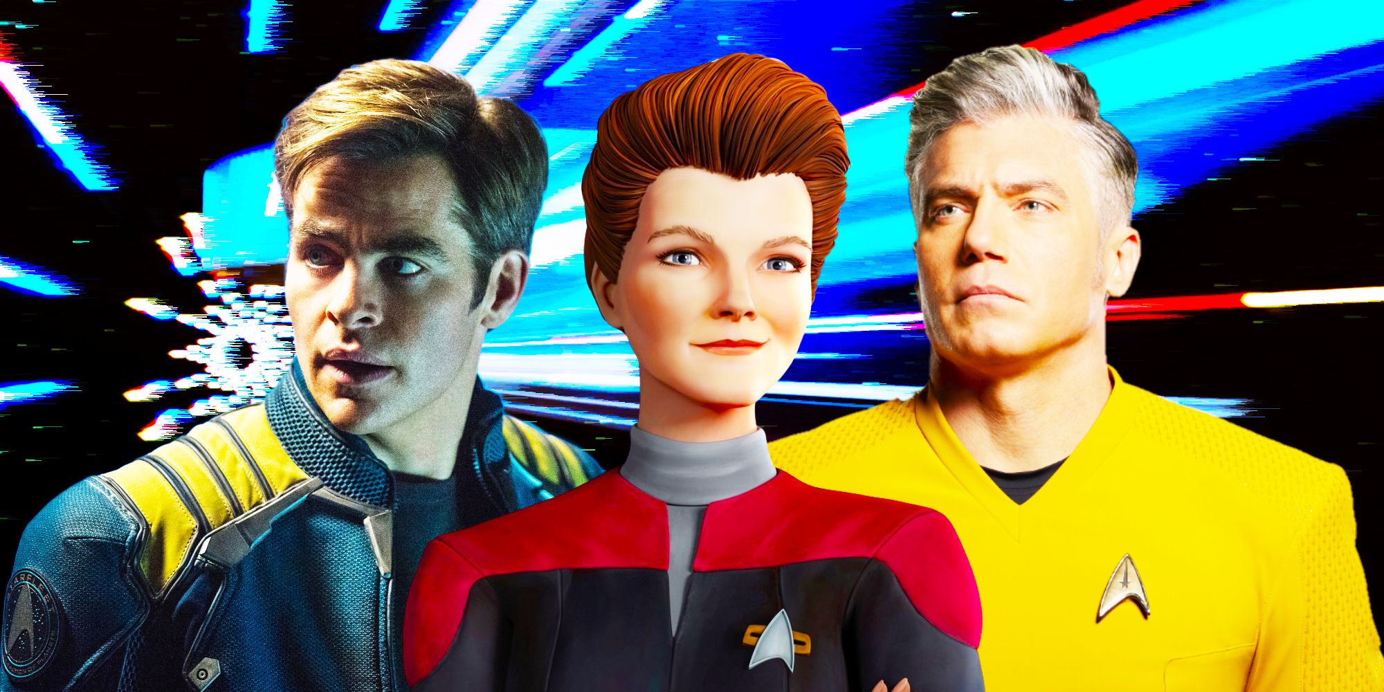 Chris Pine as Kirk, Hologram Janeway and Anson Mount as Pike in Star Trek