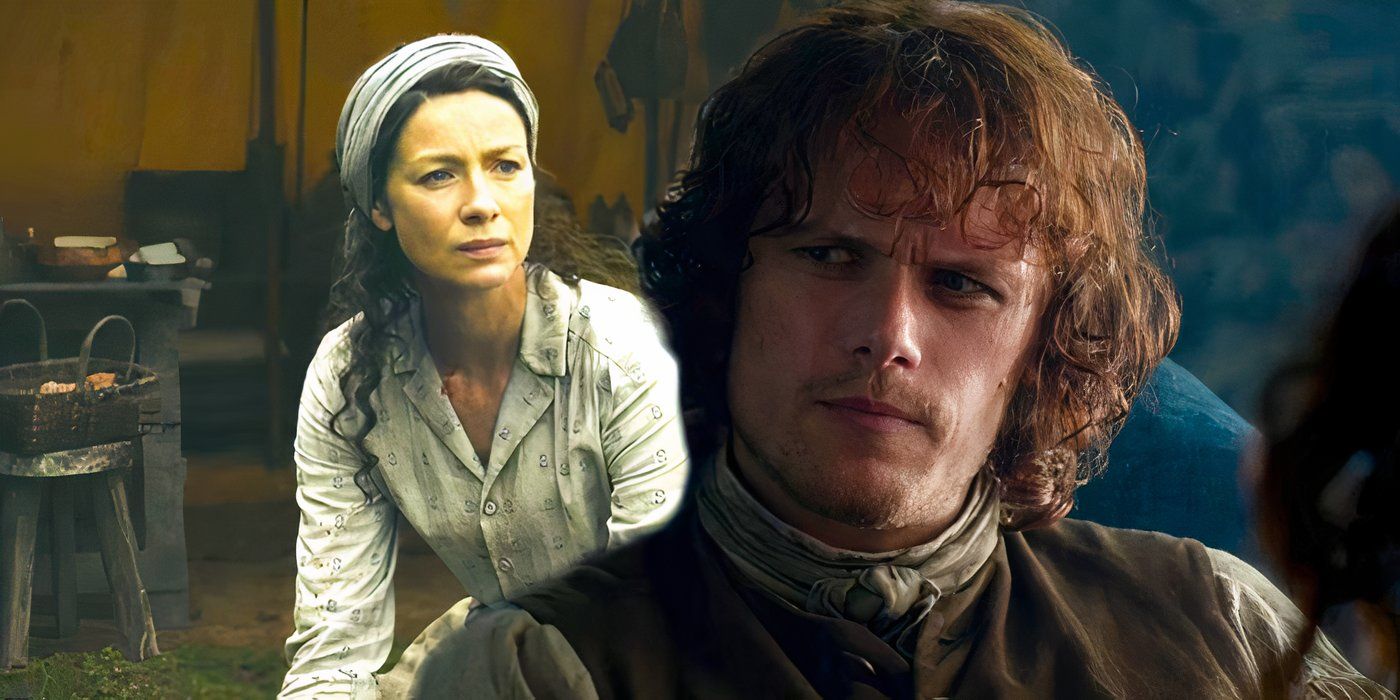 claire in Claire looking worried next to Jamie looking worried in Outlander