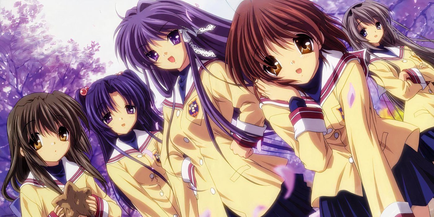 All the Clannad girls smiling with a background of cherry blossoms
