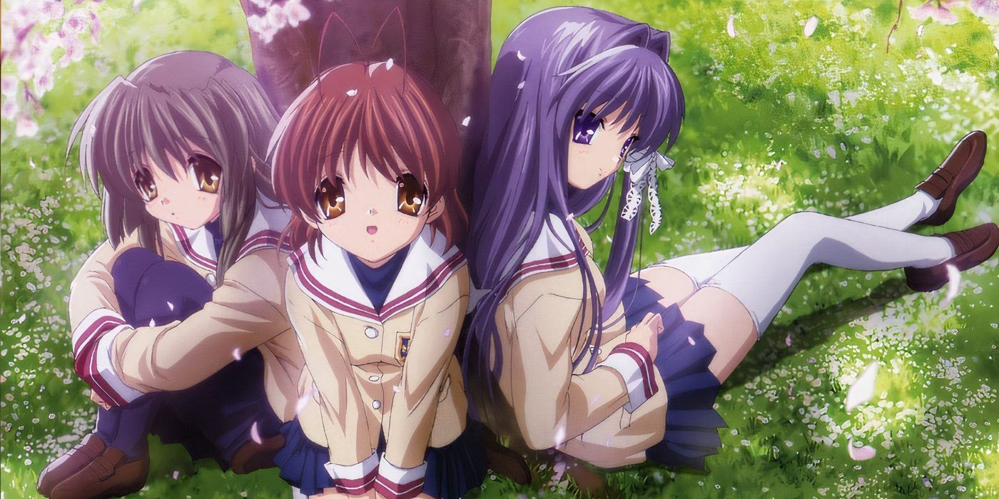 Tomoyo, Nagisa e Kyou sentados juntos debaixo de uma árvore