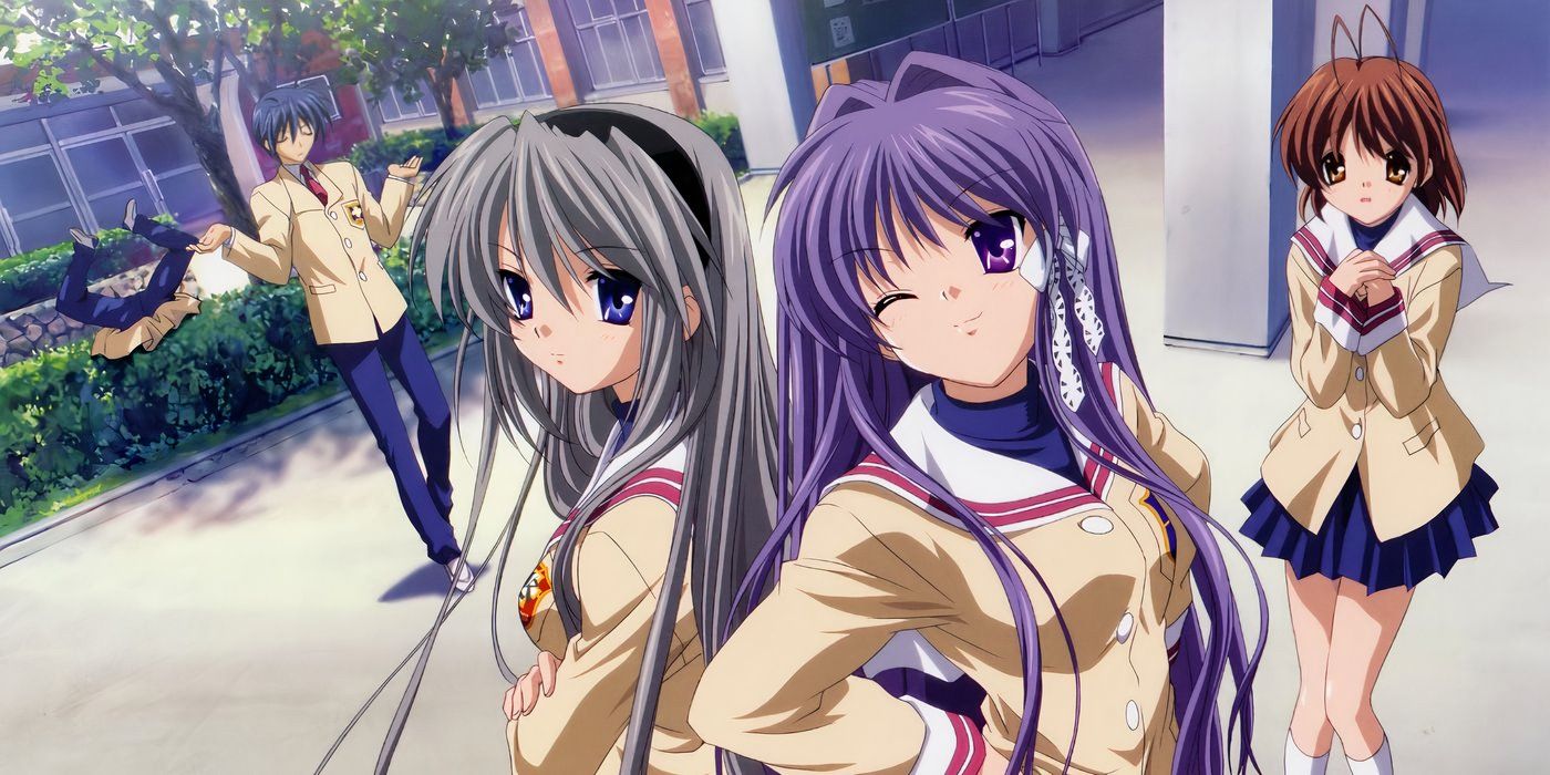 Tomoya, Tomoyo, Kyou y Nagisa parados frente a la escuela con las manos bajo las caderas.