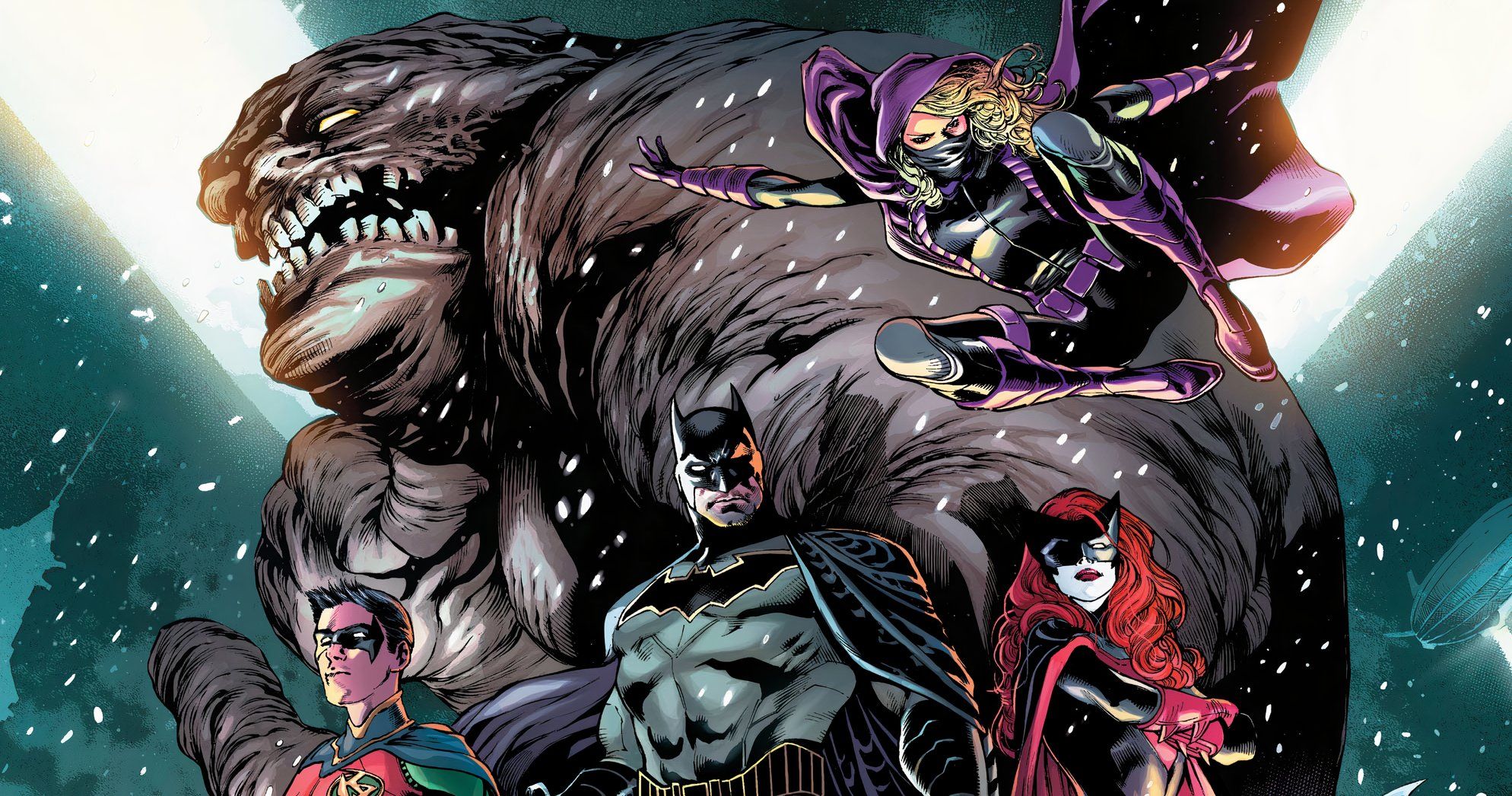 Batman, Batwoman, Red Robin, Spoiler e Clayface posam enquanto a neve cai ao seu redor.