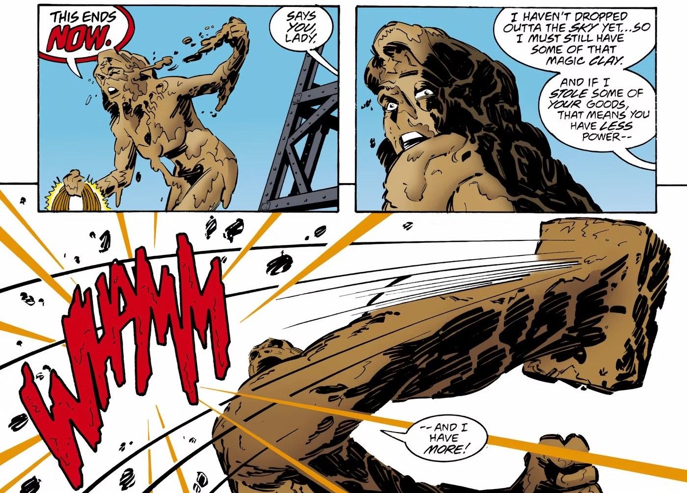 Comic book panels: Clayface punches Wonder Woman, who is covered in mud.