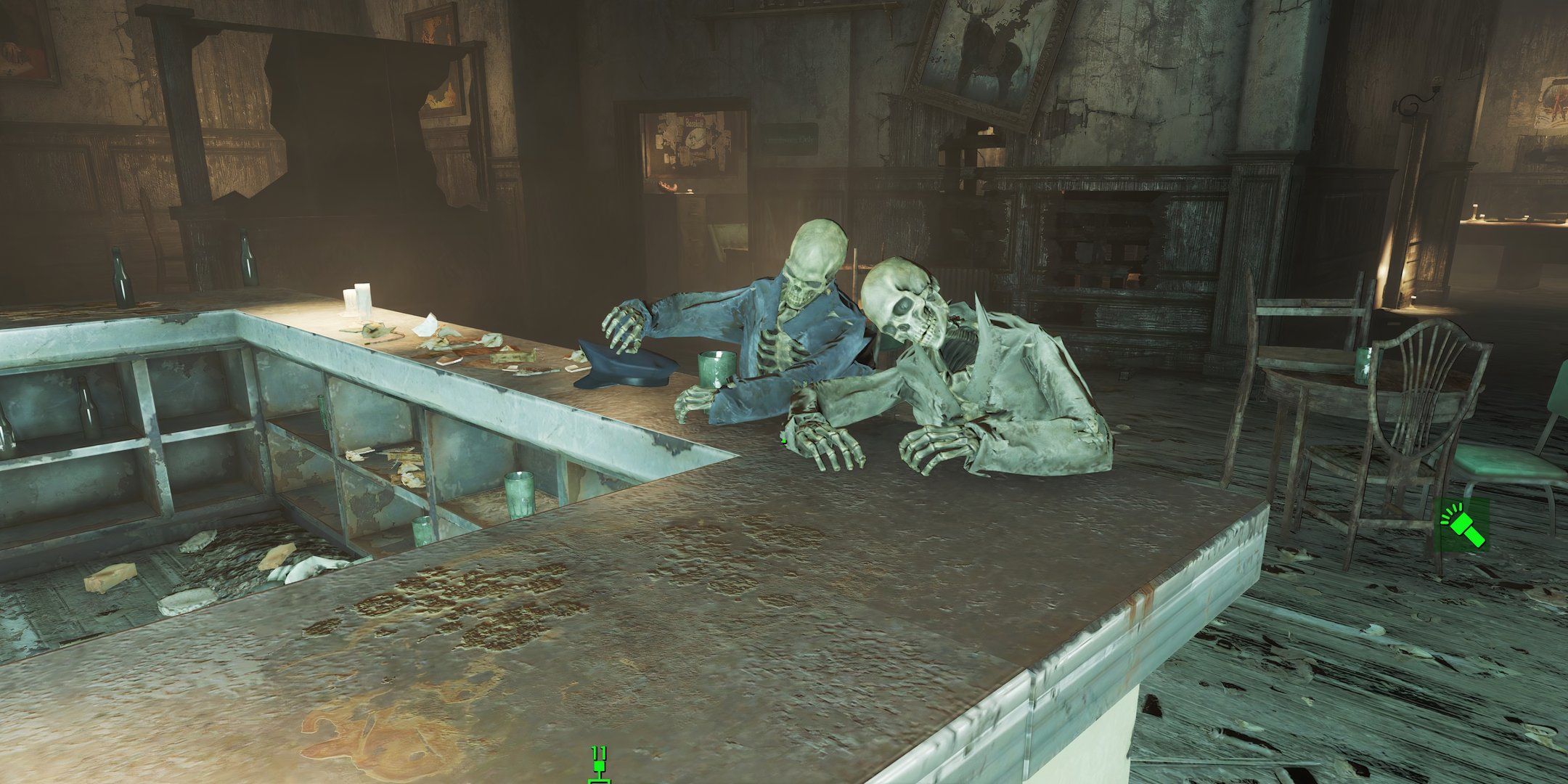 Close dos esqueletos de Cliff e Norm no bar Prost em Fallout 4.