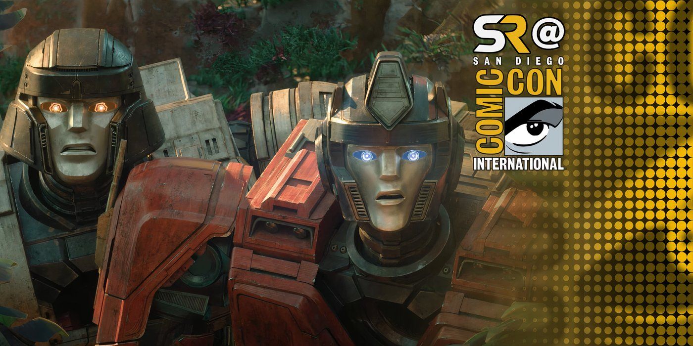 Close up of Megatron and Optimus Prime looking shocked in Transformers One with SDCC ovrerlay