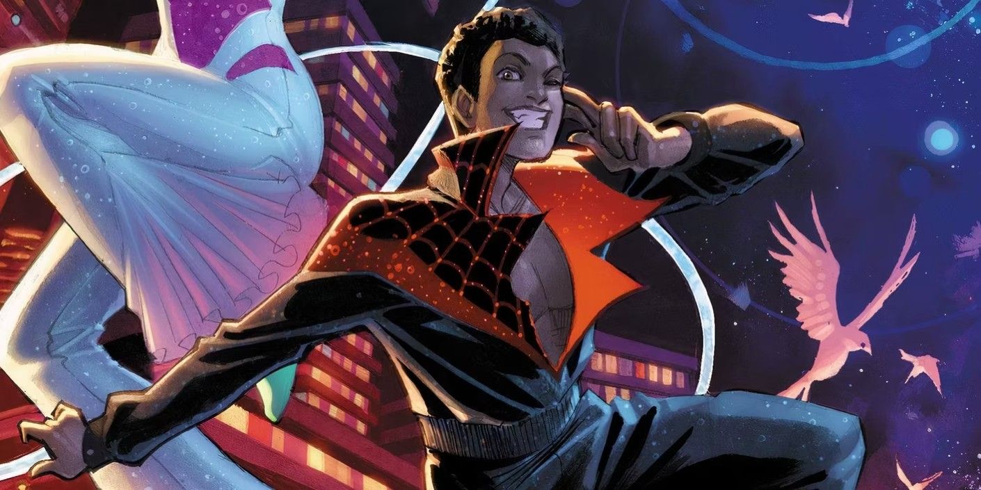 Close up of Miles Morales in his newly designed Disco Dazzler style suit.