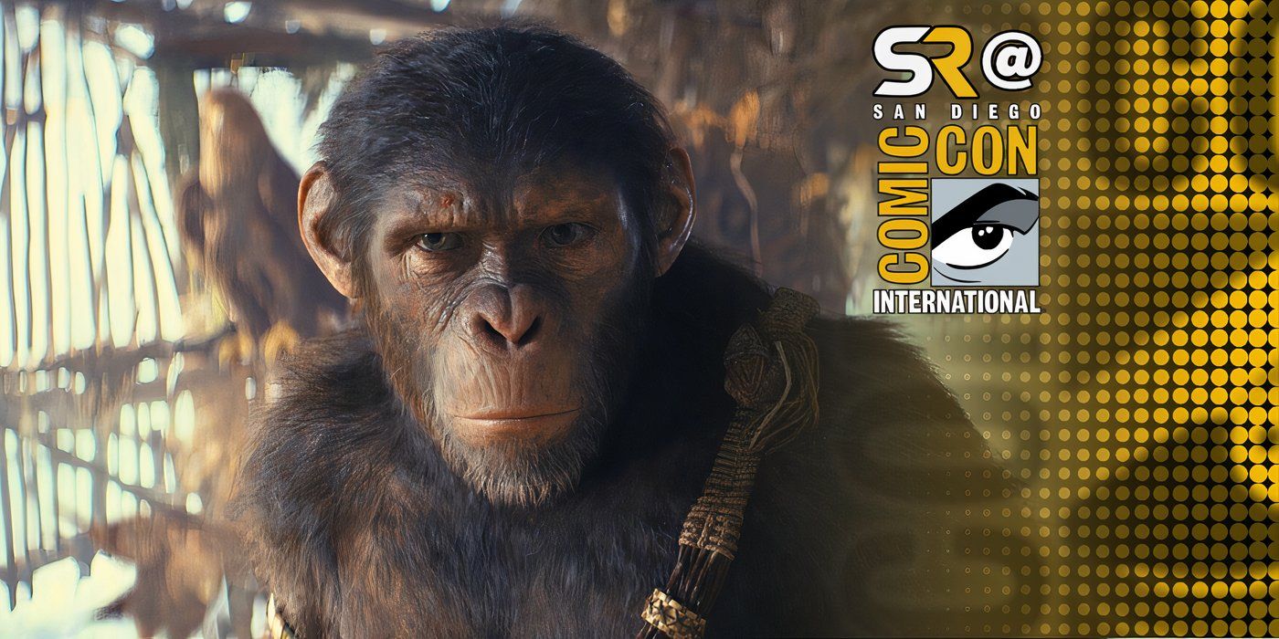 Close up of Noa in Kingdom of the Planet of the Apes with Sdcc overlay