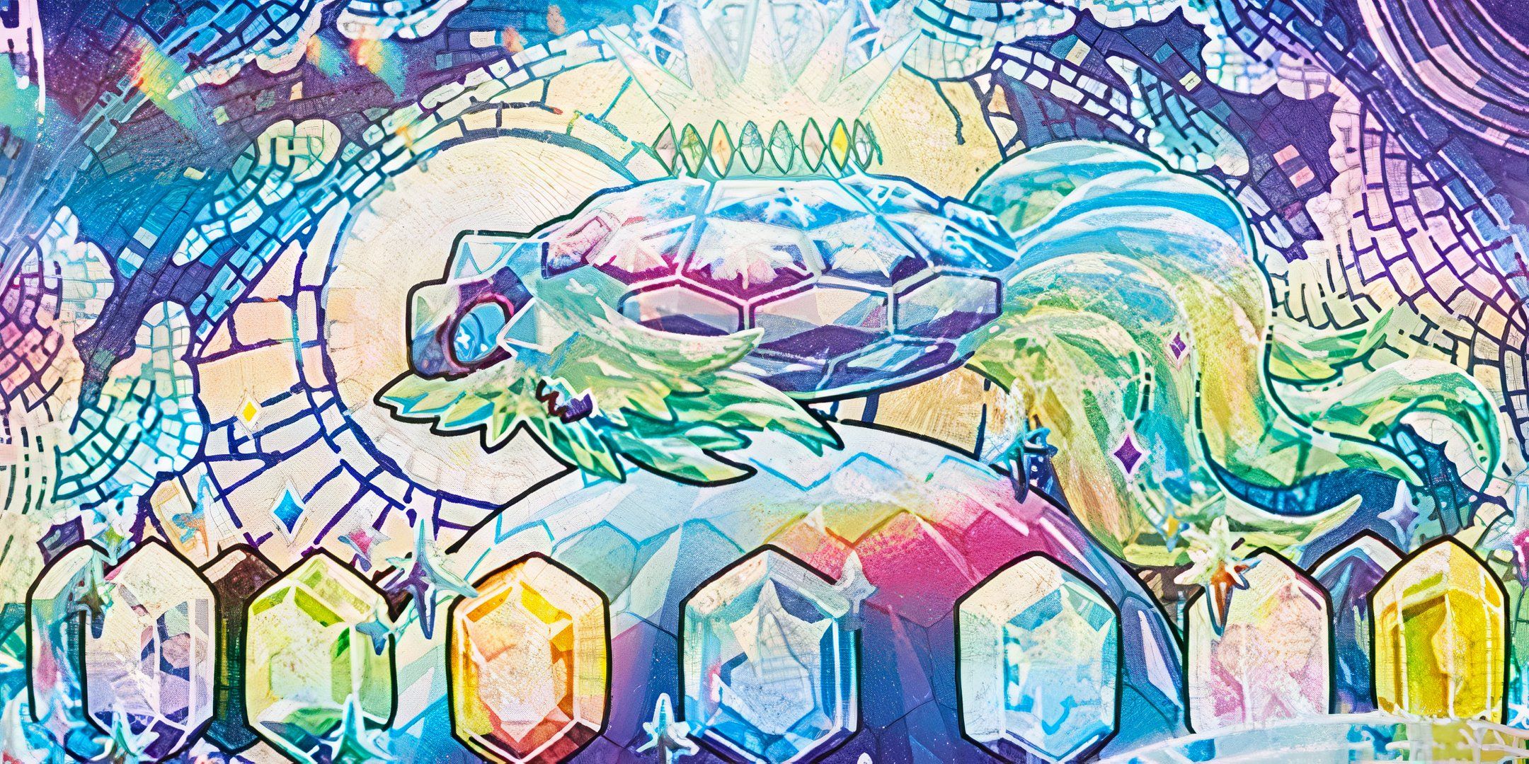 close da arte para a carta rara de ilustração especial Terapagos ex do conjunto japonês Pokémon Stella Miracle também chegando ao conjunto inglês Stellar Crown