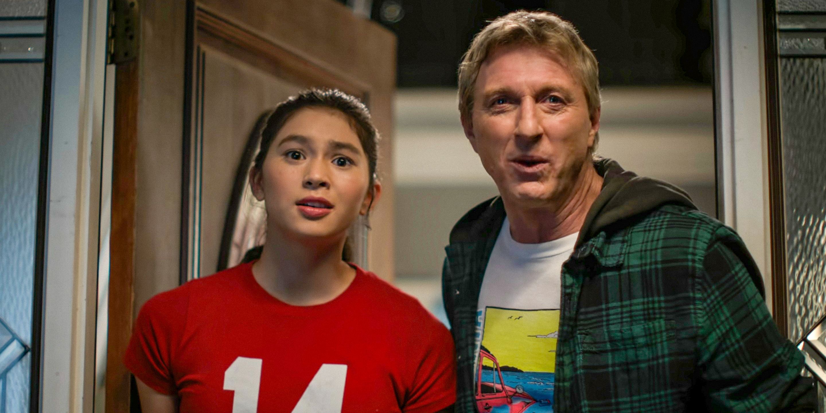 Devon (Oona O'Brien) and Johnny Lawrence (William Zabka) trying to recover Samantha and Tory's competitive attitude in Cobra Kai season 6