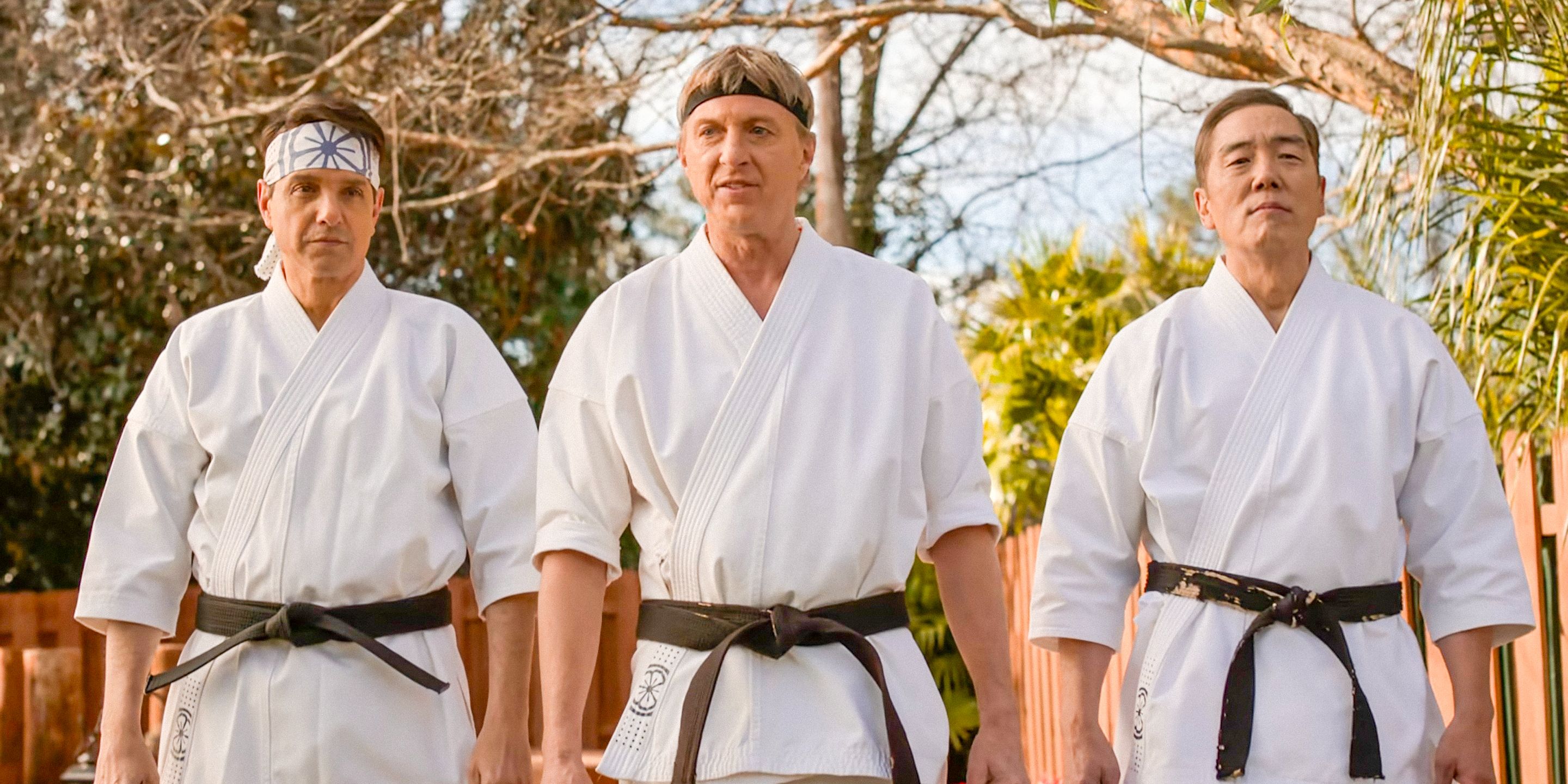 Daniel LaRusso (Ralph Macchio), Johnny Lawrence (William Zabka), and Chozen (Yuji Okumoto) as Do Miyagi's mentors in Cobra Kai Season 6