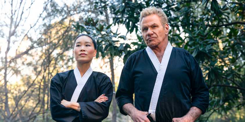 Kim Da-Eun (Alicia Hannah-Kim) and John Kreese (Martin Kove) in Cobra Kai season 6 Part 1