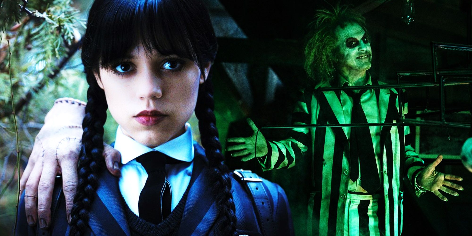 Collage de Jenna Ortega en Wednesday y Michael Keaton en Beetlejuice Beetlejuice