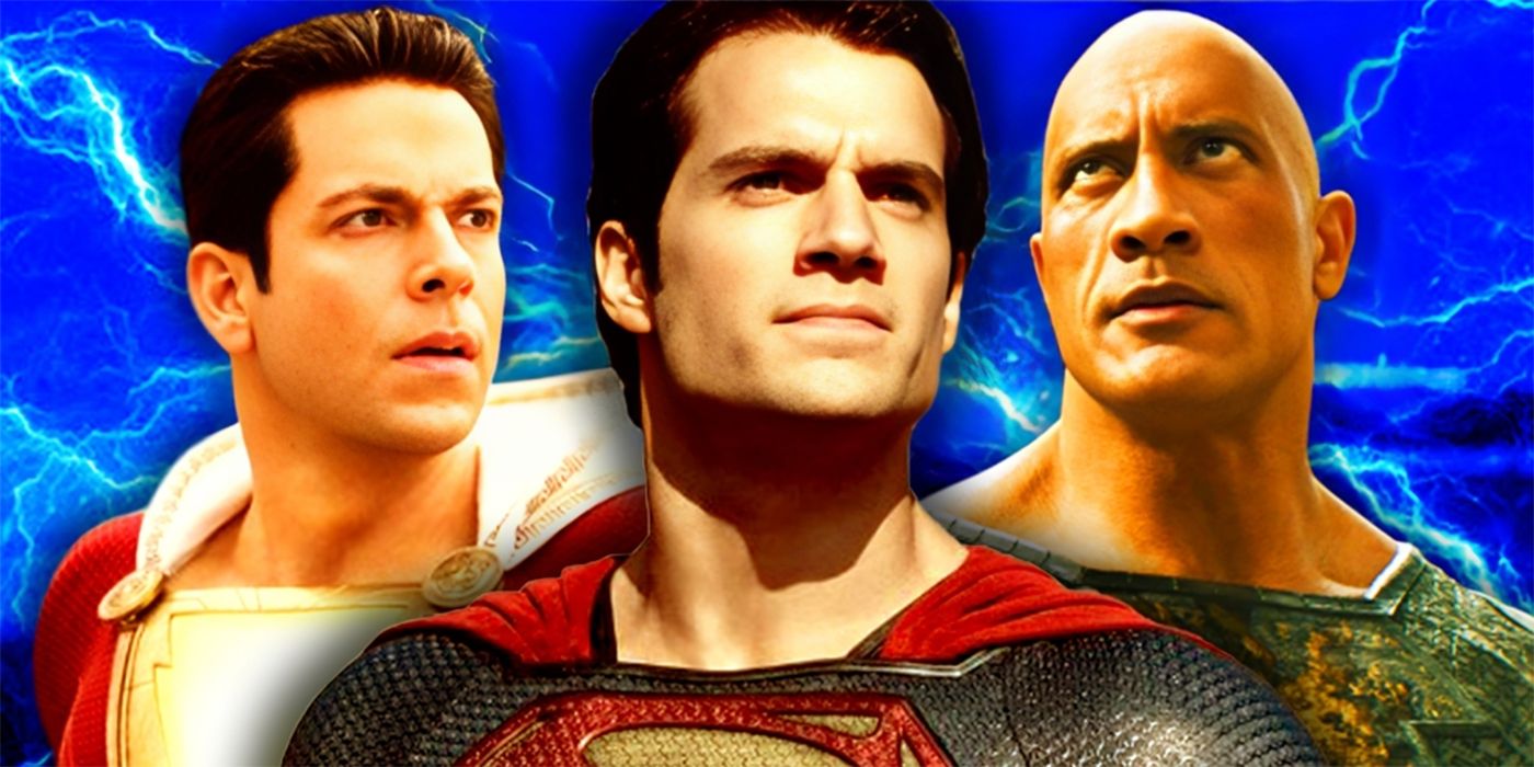 Collage de Superman Shazam y Black Adam del Dcue frente a Lightning
