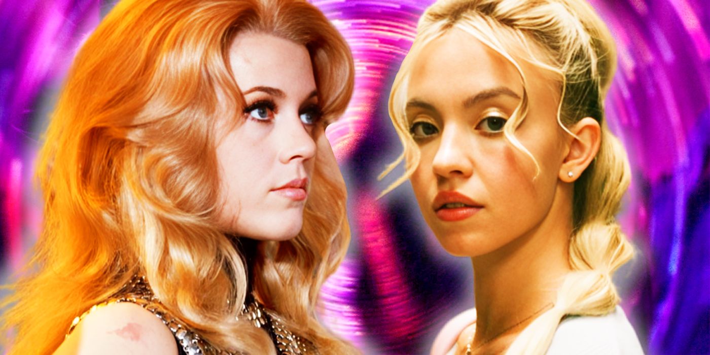 Un collage de Sydney Sweeney y Jane Fonda como Barbarella