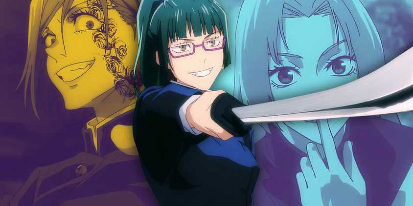 Collage style image featuring official artwork of Nobura, Yuki, and Maki Zenin from Jujutsu Kaisen