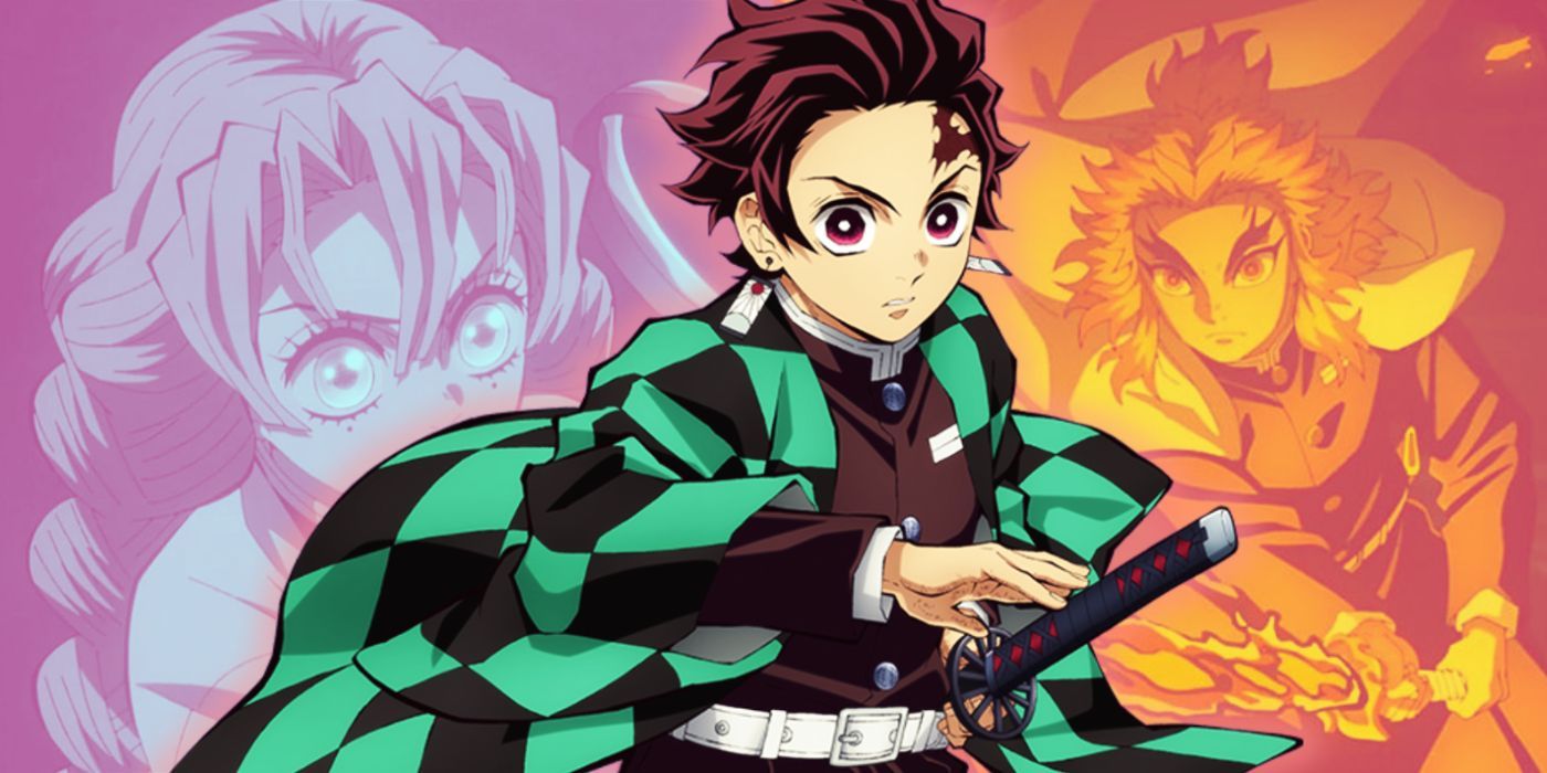 Collage style image featuring Tanjiro, Mitsuri, and Rengoku from Demon Slayer