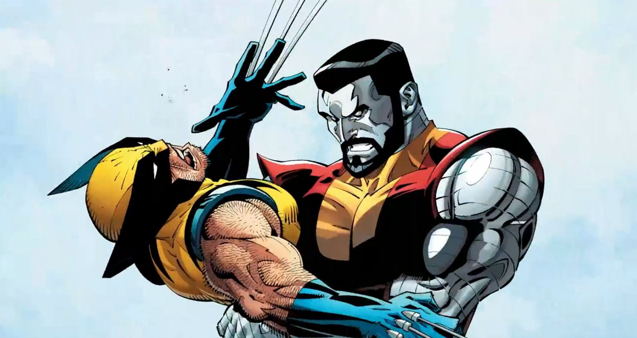 Colossus aperta Wolverine dolorosamente em seus braços, de Wolverine: Revenge.