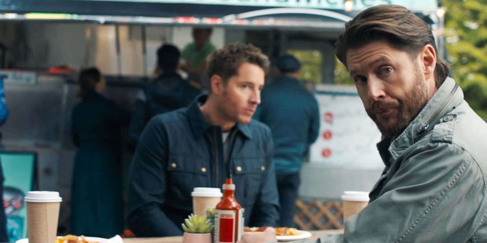 Colter and Jensen Ackles as Russell eating lunch in Tracker