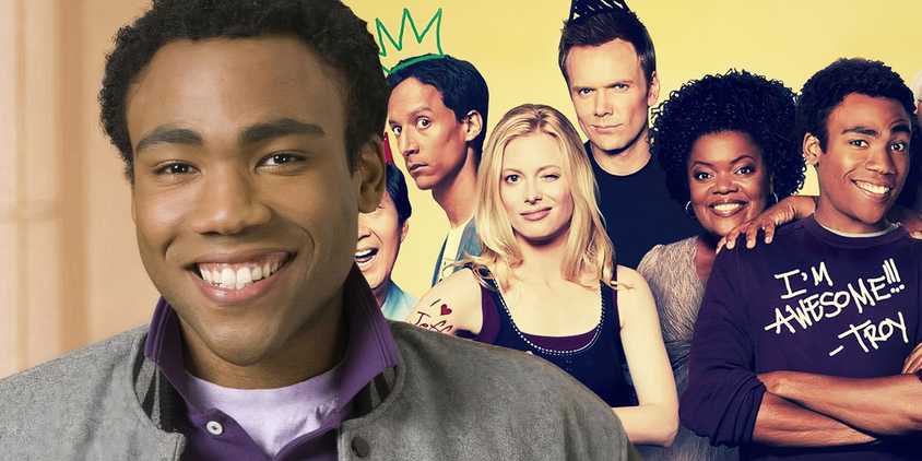 A composite image of Donald Glover as Troy Barnes smiling toward the camera and an image of the cast of Community posing together