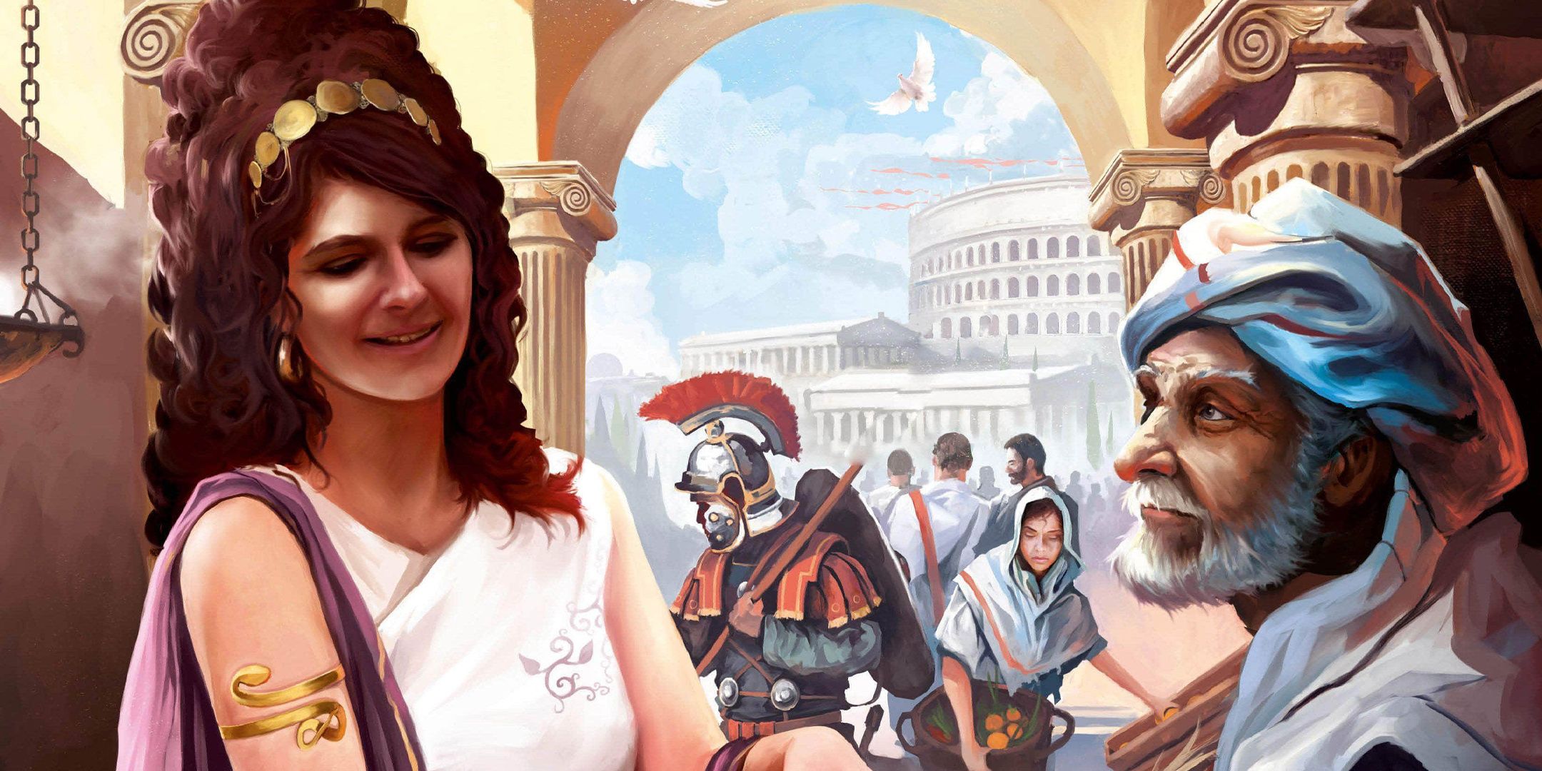 Parte da arte da caixa do jogo de tabuleiro Concordia mostrando personagens em Roma.