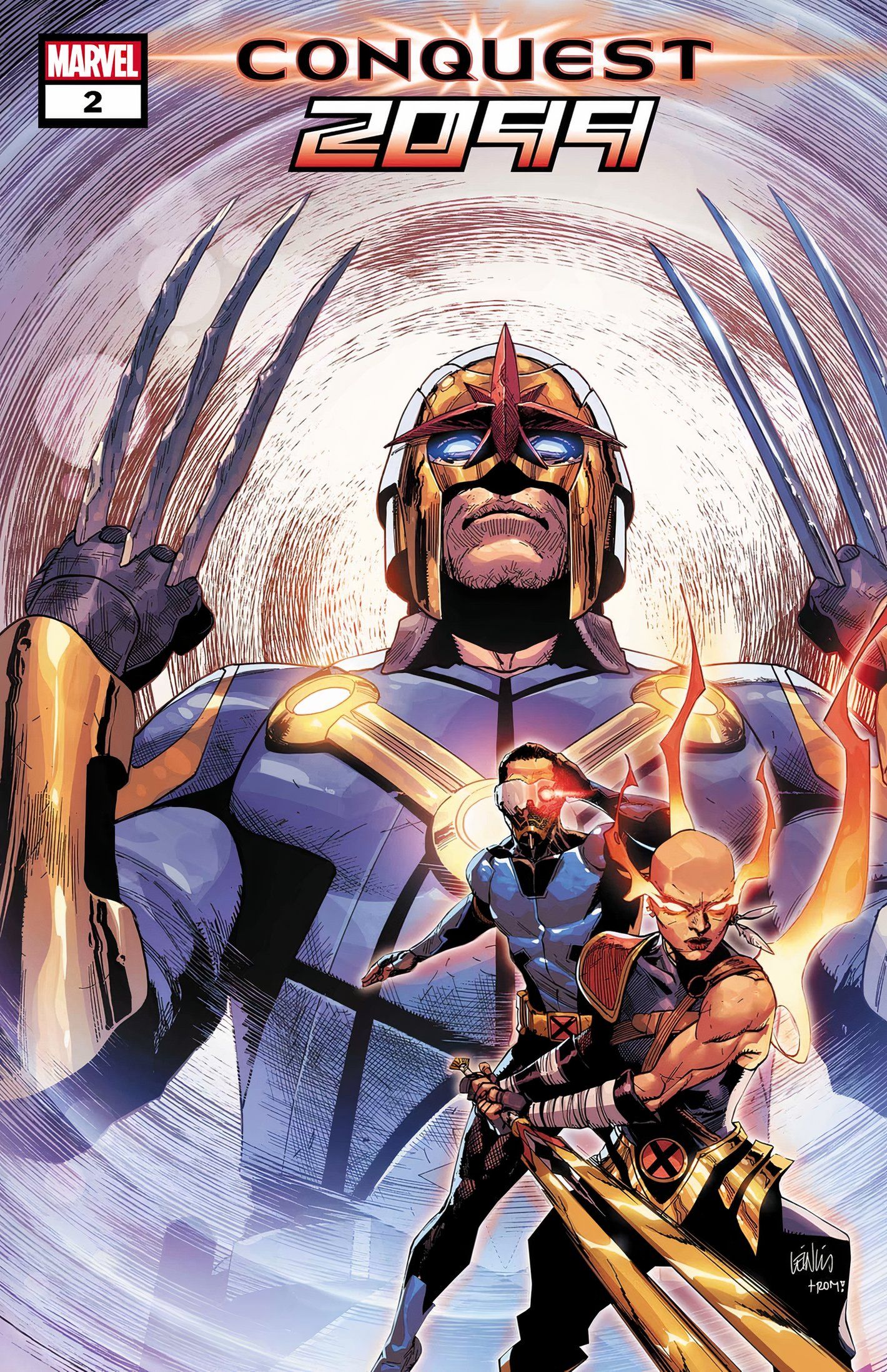 Capa de Conquest 2099 #2, Wolverine como Nova com membros futuristas dos X-Men.