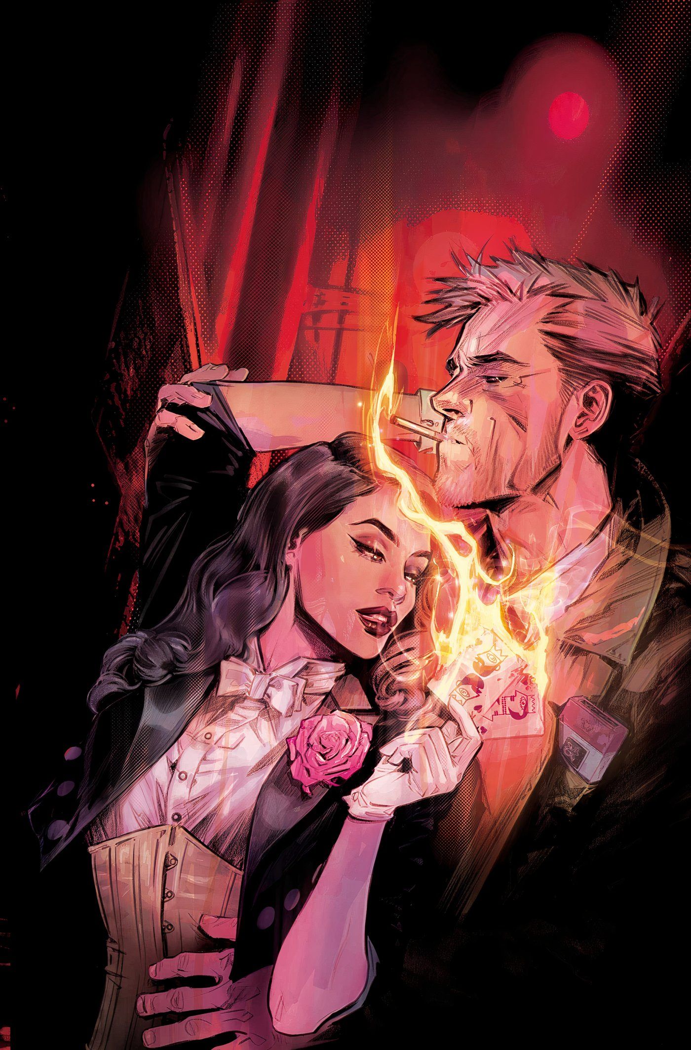 Zatanna Bring Down the House 4 Jones Variant Cover: Zatanna acende o cigarro de Constantine com magia enquanto eles se abraçam.