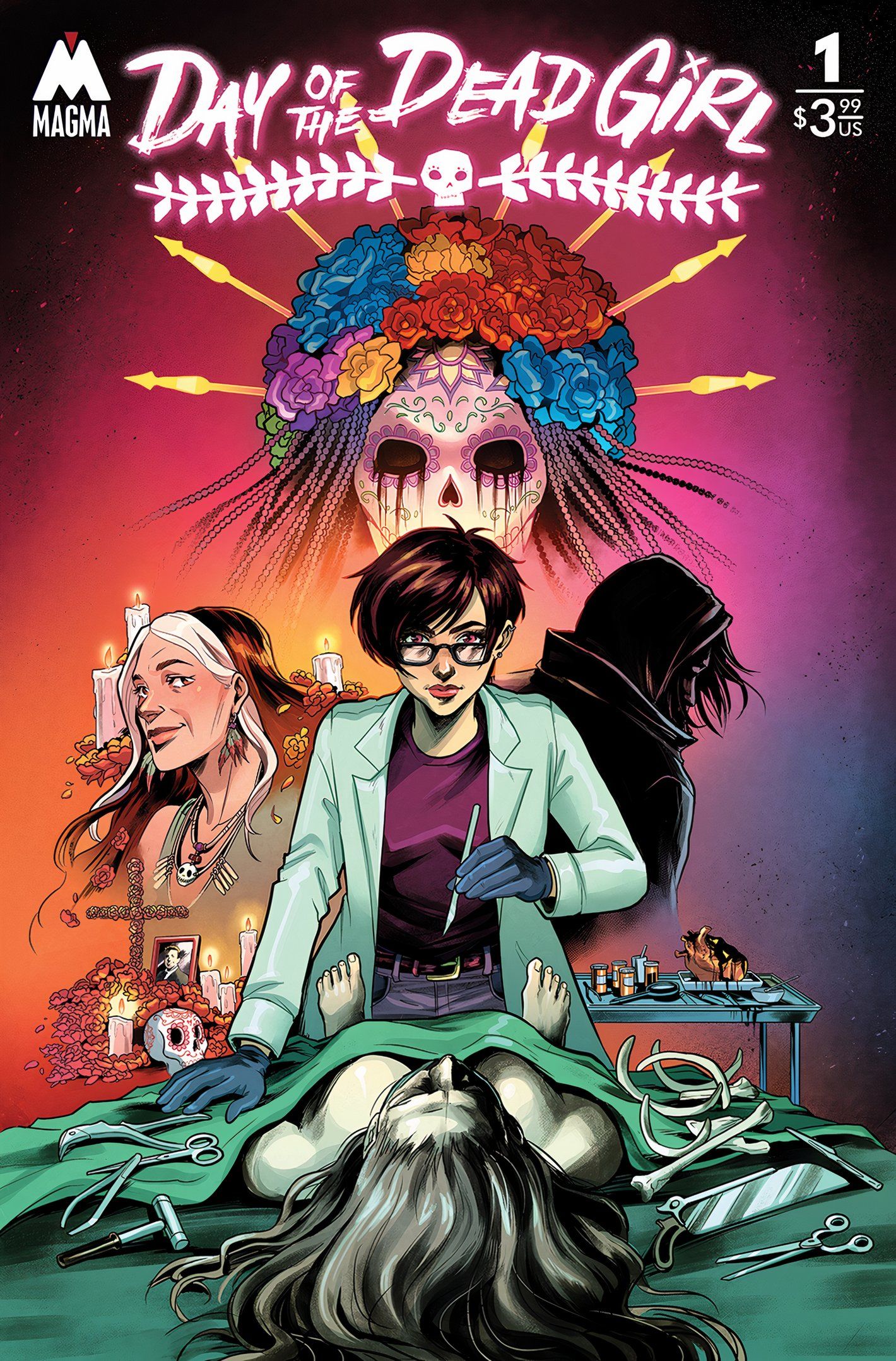 Cover for Day of the Dead Girl No. 1, with figures looming over a dead woman on a stretcher