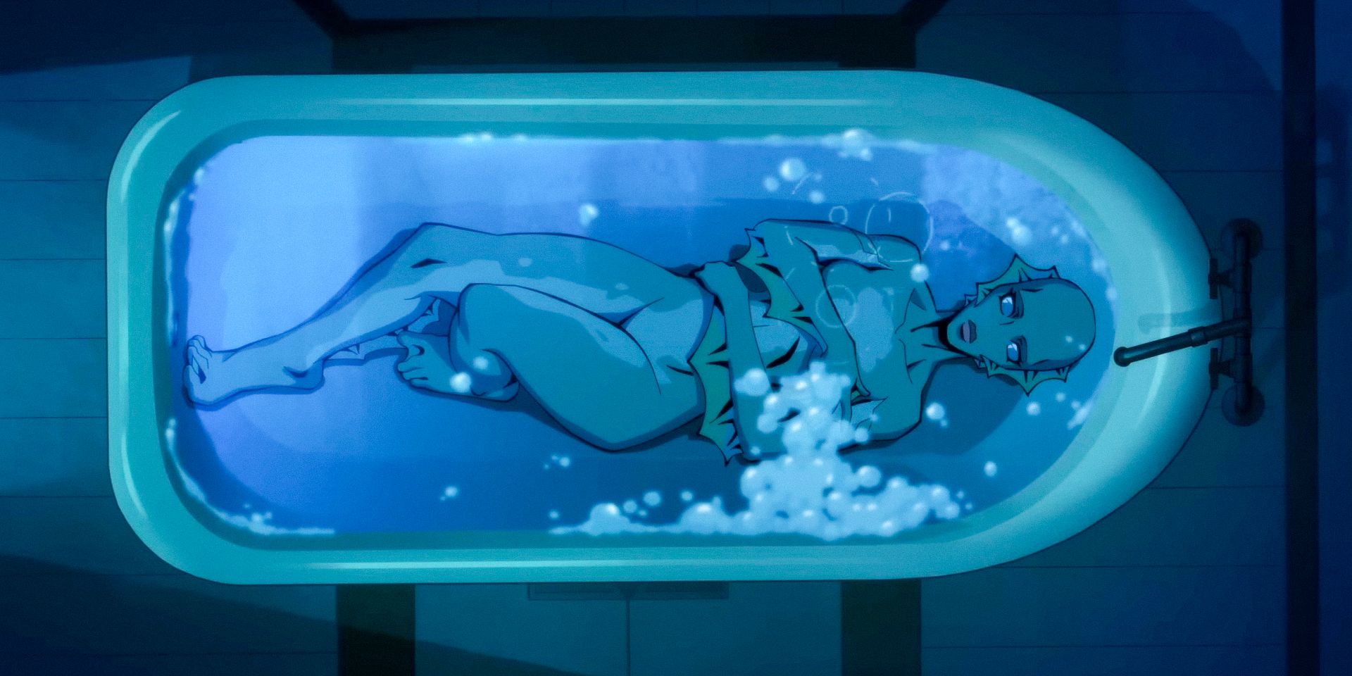 Nina Mazursky submerged in a bathtub in Creature Commandos Official Teaser Trailer (2024)