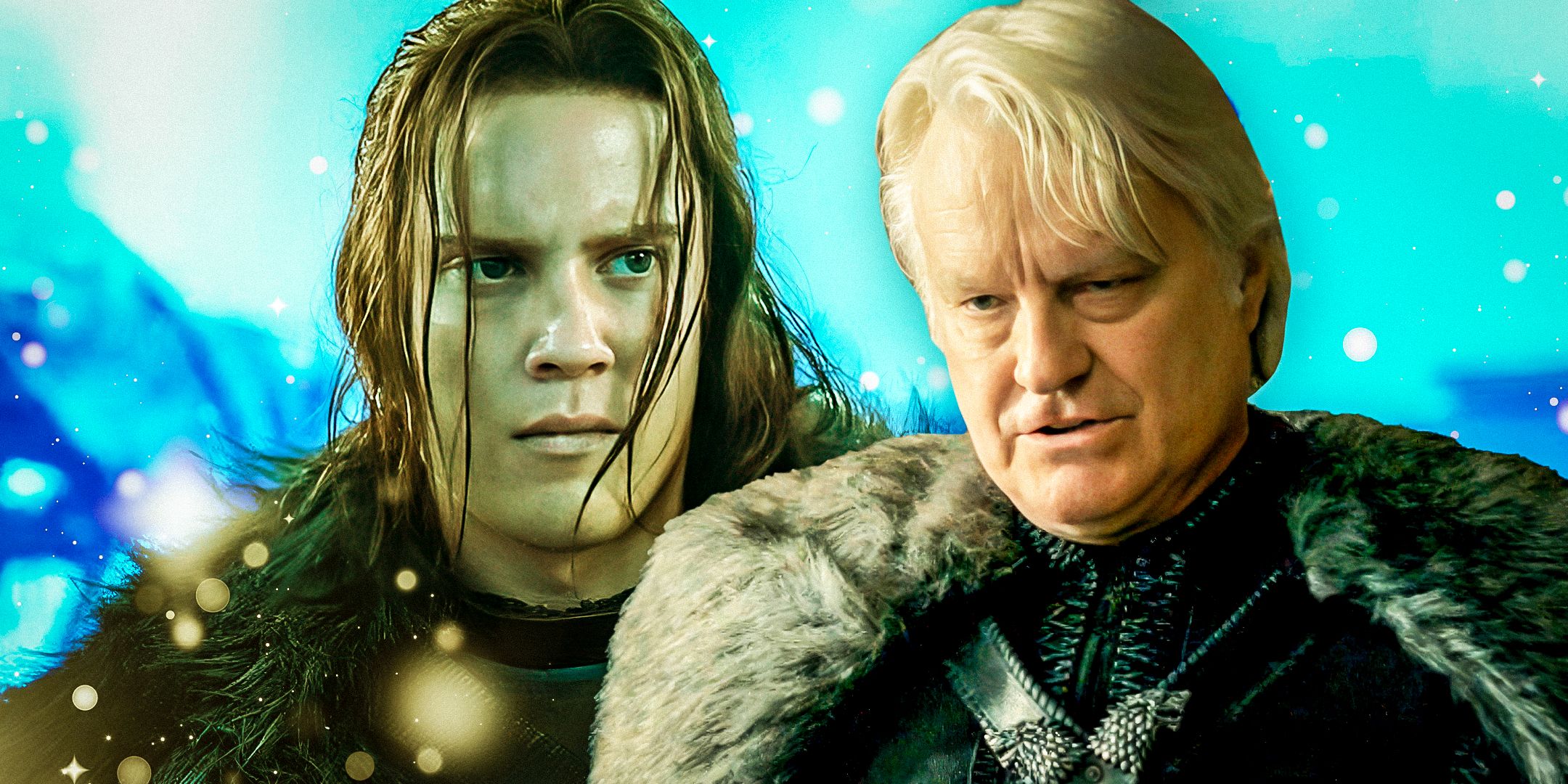 Lords Cregan and Rickon Stark in House of the Dragon with a snowy background
