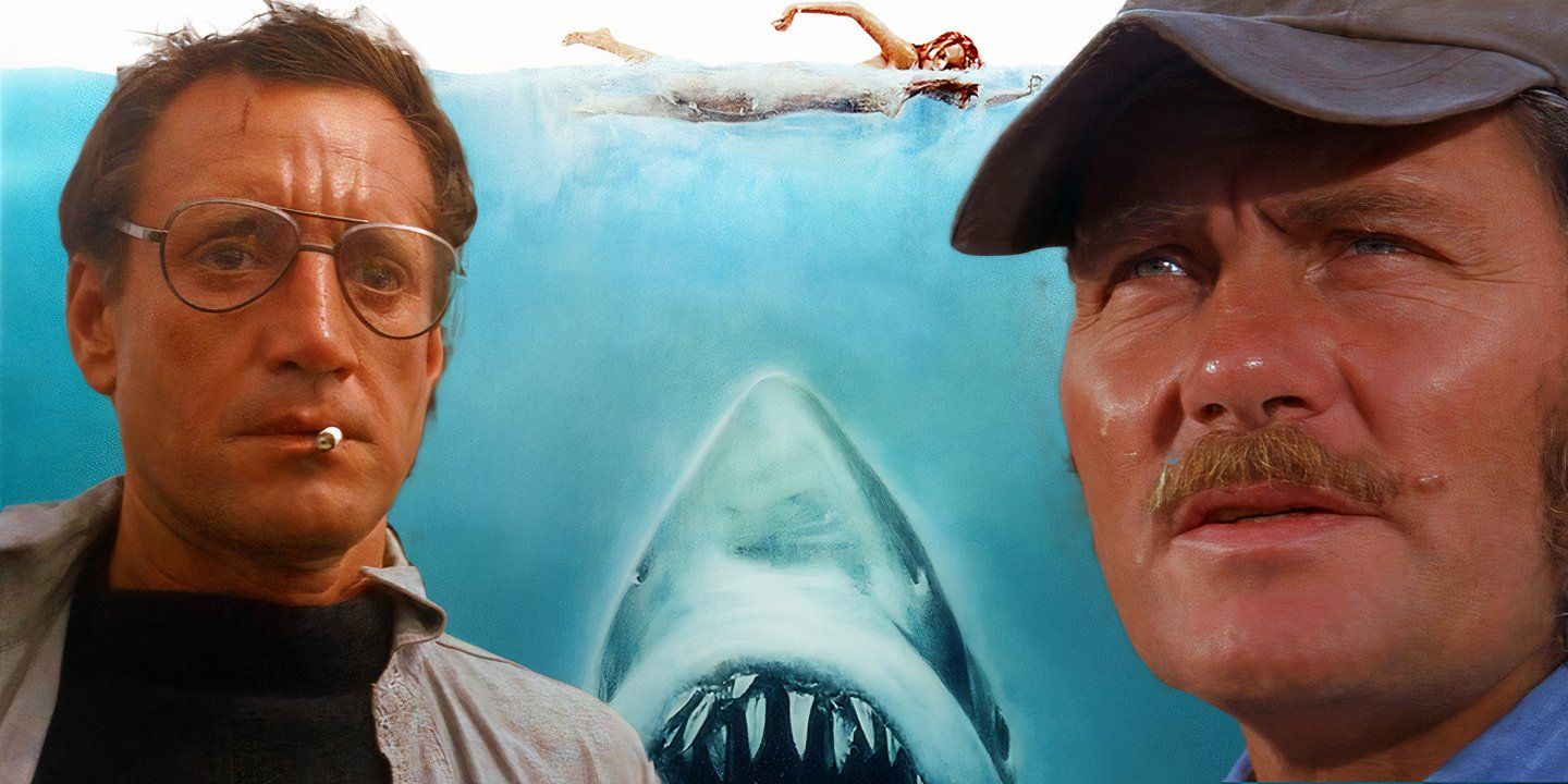 Custom image of Brody and Quint in front of the Jaws poster showing a shark swimming up to a swimmer