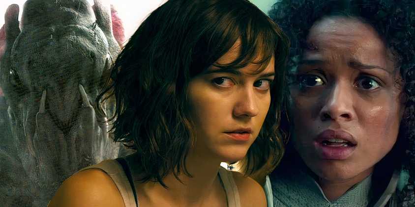 Collage of The Cloverfield Monster, Michelle from 10 Cloverfield Lane, and a scared Ava from The Cloverfield Paradox